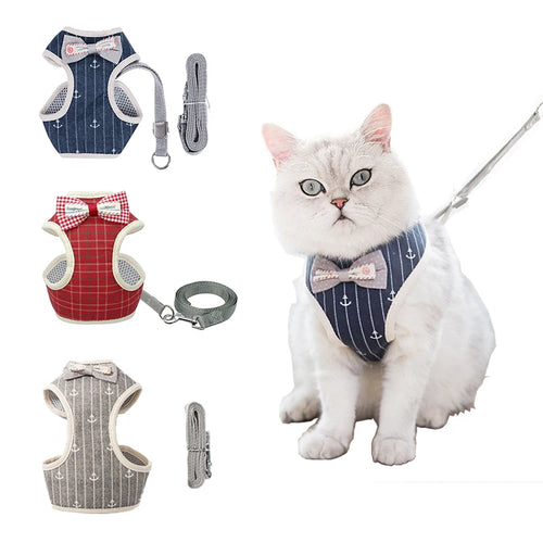 Cat Harness and Leash Set Bowknot Mesh Pet Cat Dog Harness Vest Leads Cat Leash Clothes Cat Collar Dog Traction Harness Belt